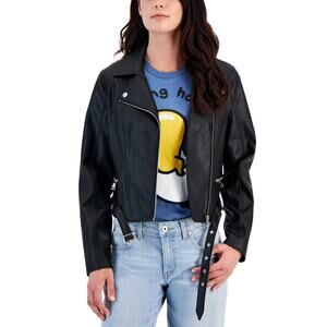 Juniors'  Coffee Shop Faux-Leather Long-Sleeve Moto Jacket XL Black NWT